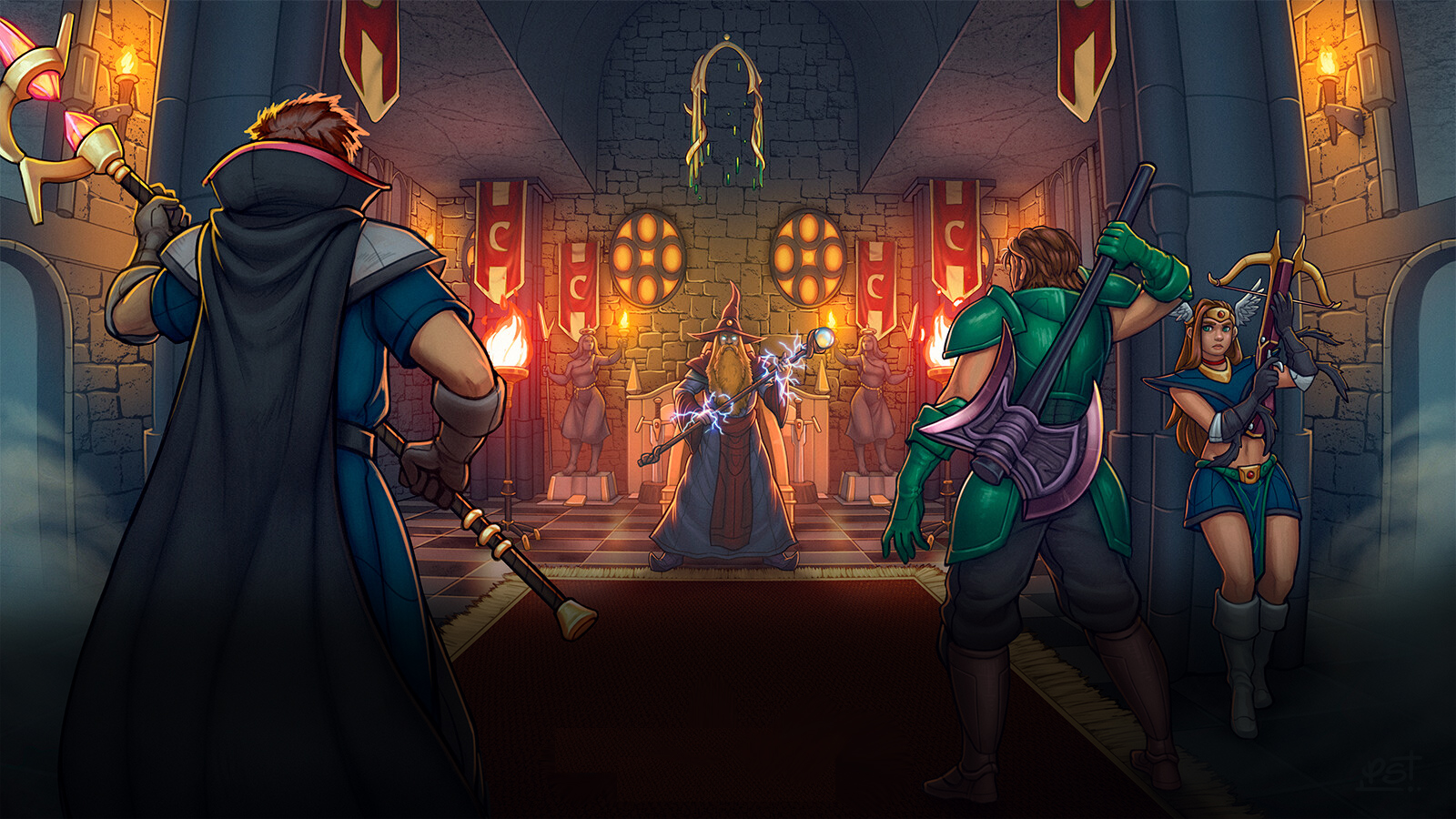 Adventurers facing a wizard in a grand hall